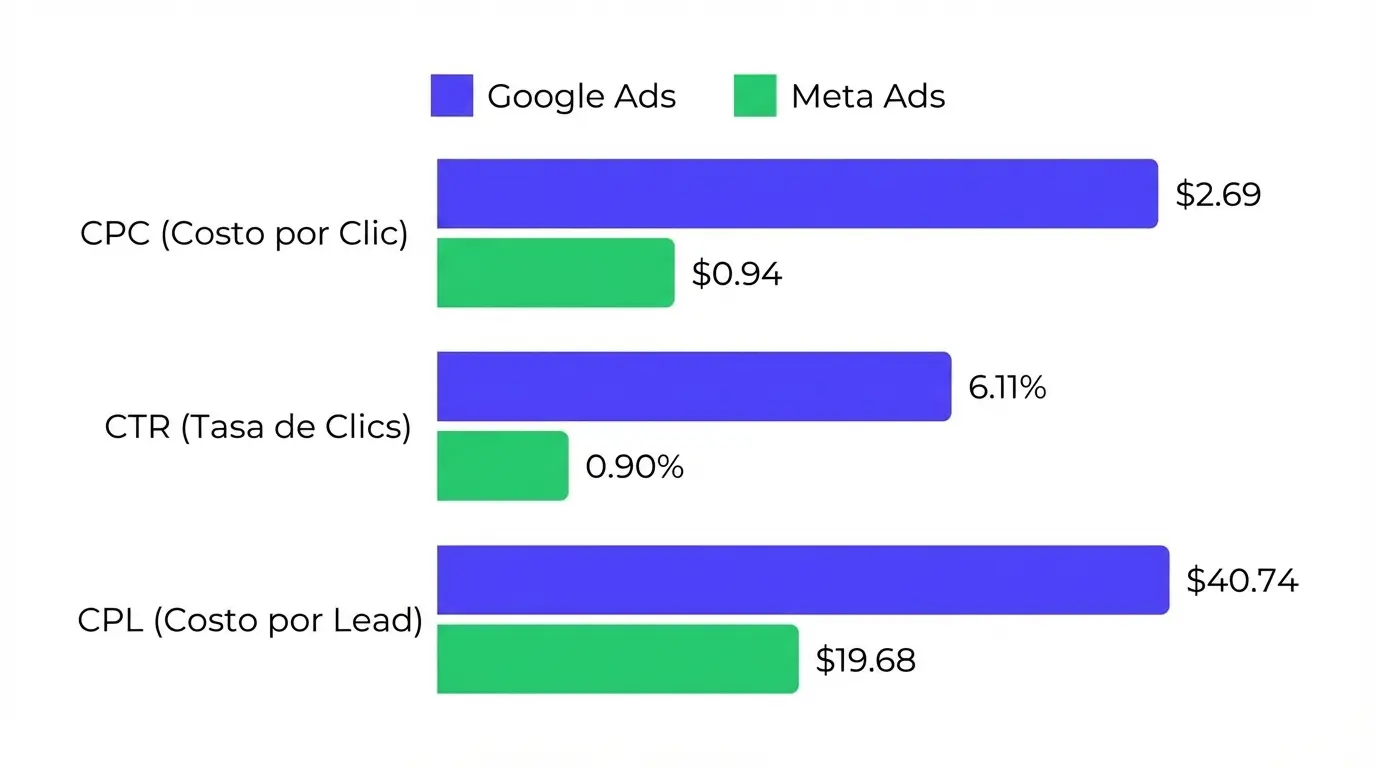 Gráfico de barras comparando CPC y CPL entre Google Ads y Meta Ads con datos 2025