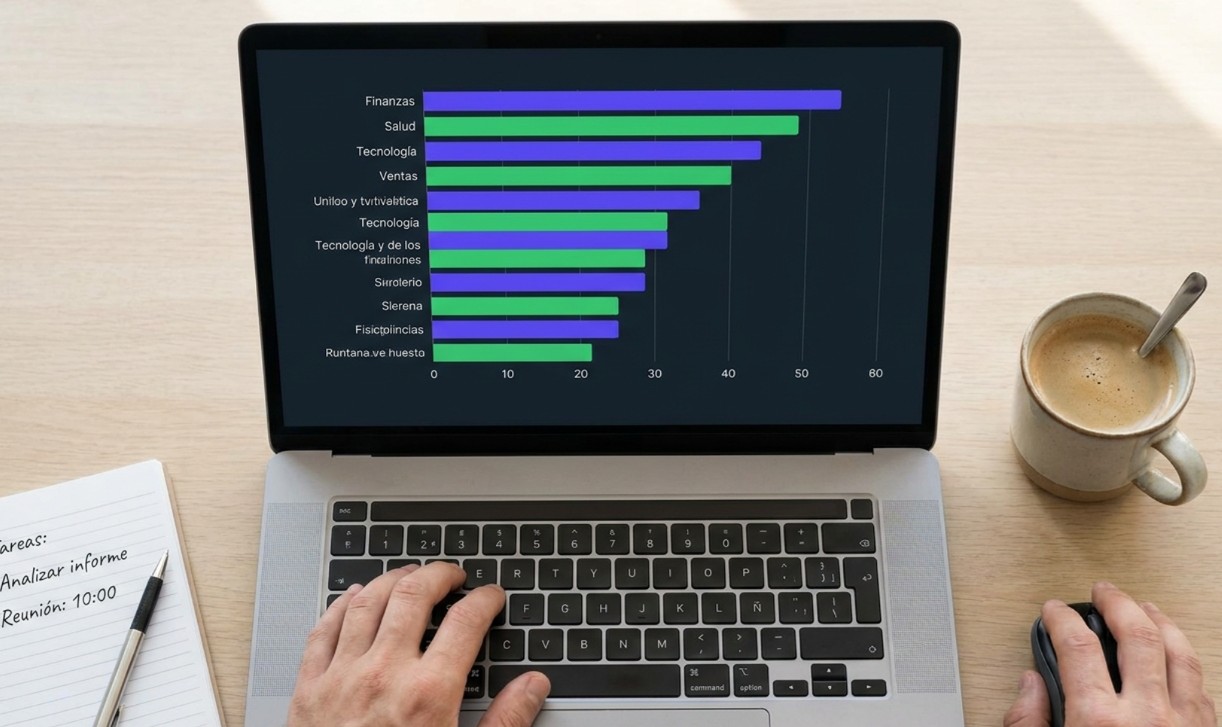 Gráfico de benchmarks de Google Ads 2026 mostrando CTR y CPC por industria en computadora