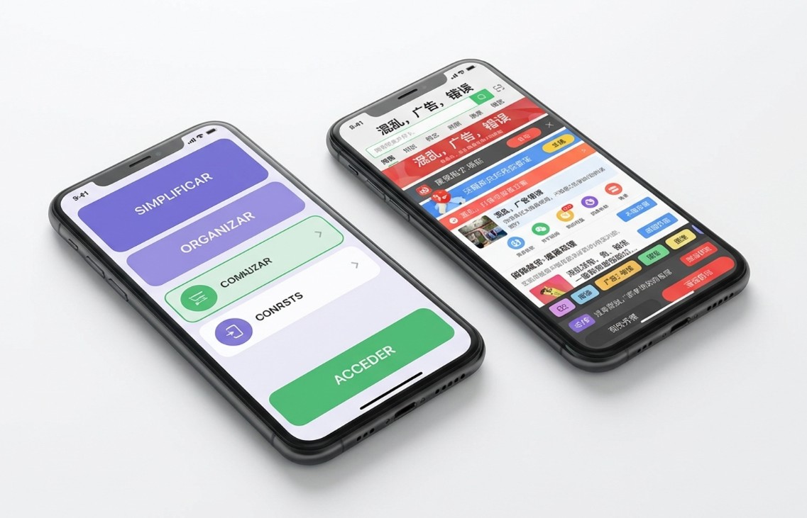 Comparativa visual de web con buena usabilidad versus web con problemas de UX en dispositivo móvil