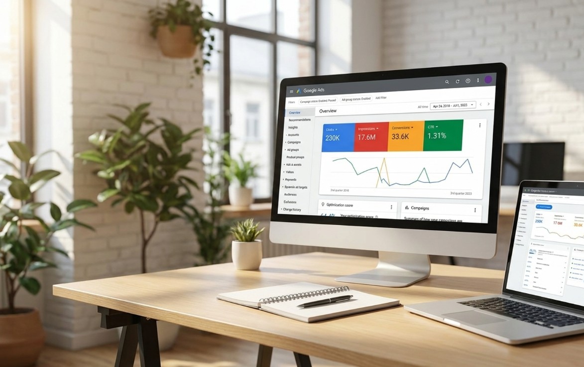 Especialista en paid media revisando métricas de Google Ads en dashboard con gráficos de CTR y CPC en pantalla