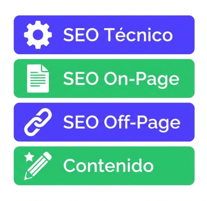 Diagrama de los cuatro pilares del SEO: técnico, on-page, off-page y contenido