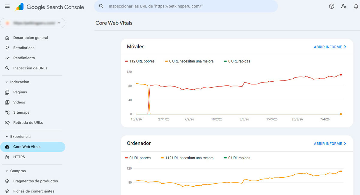 Reporte de Core Web Vitals en Google Search Console mostrando páginas con estado bueno necesita mejora y malo