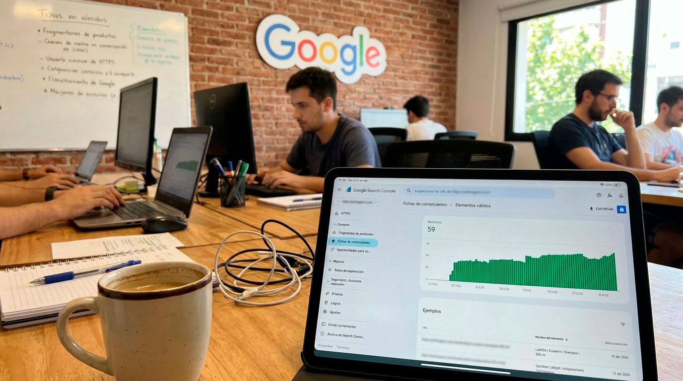 Emprendedor peruano revisando el posicionamiento SEO de su tienda online en laptop con datos de Google Search Console