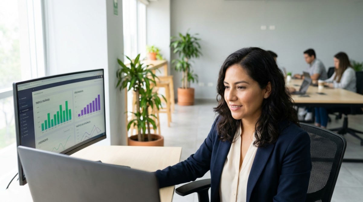 Profesional de marketing revisando métricas de posicionamiento SEO en computadora en oficina moderna