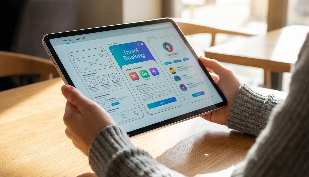 Diseñador UX revisando pruebas de usabilidad en wireframes de sitio web en pantalla y tablet